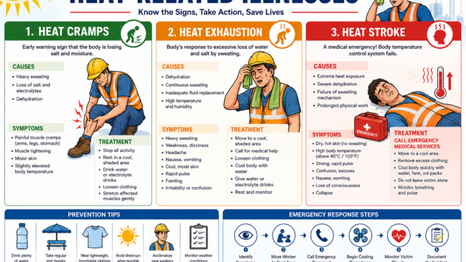 Heat-Related Illnesses Safety Officer Test Preparation infographic showing heat cramps